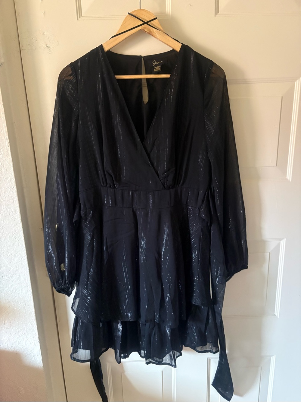 Black Sparkle Long-Sleeve V-Neck Tiered Dress - Unknown Brand
